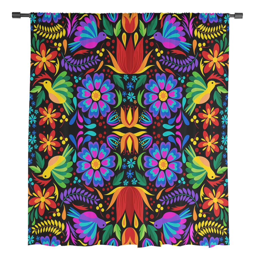 Bunte transparente Vorhänge mit abstrakten Blumen aus Mexiko für die Wohnzimmerdekoration, Fenstervorhänge, Küche, Tüll, Voile, Organza-Vorhänge