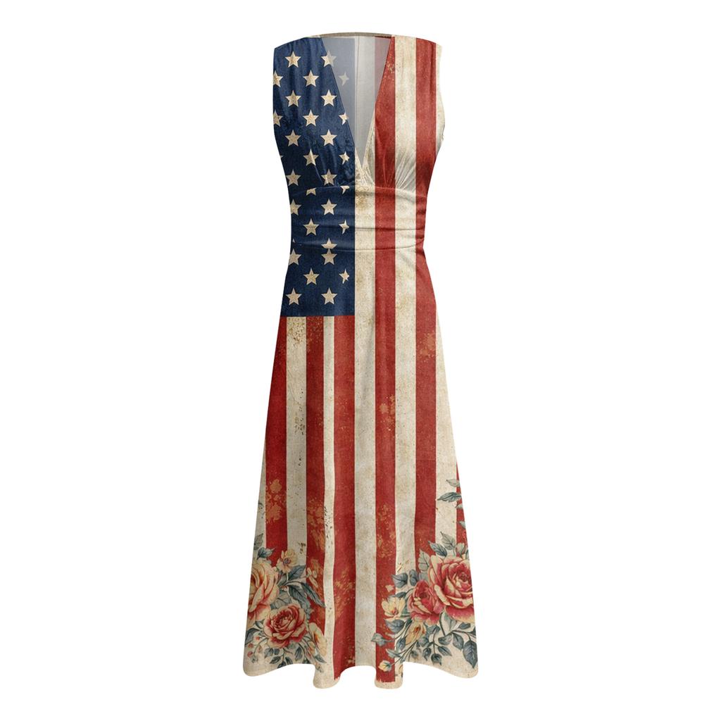 Sleeveless Maxi Dress with Flag and Floral Print for Women 4th of july dress independence day dress Summer Casual Holiday Outfit