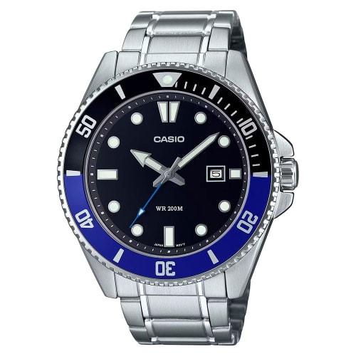 Casio Stainless Steel 200M Black/Blue Bezel Black Dial 3-Hand Anlog Dive Watch MDV-107D-1A2VDF Blue
