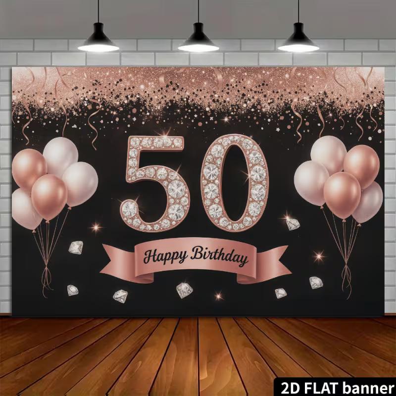 2D Black Rose Gold 50th Birthday Backdrop - Luxury Diamond Number 50 Banner for Women 50th Birthday Photoshoot