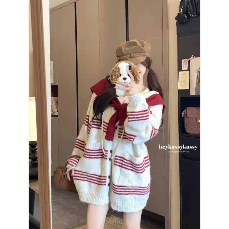 Lazy wind women's top contrasting striped long-sleeved sweater jacket women's autumn loose hooded knitted cardigan