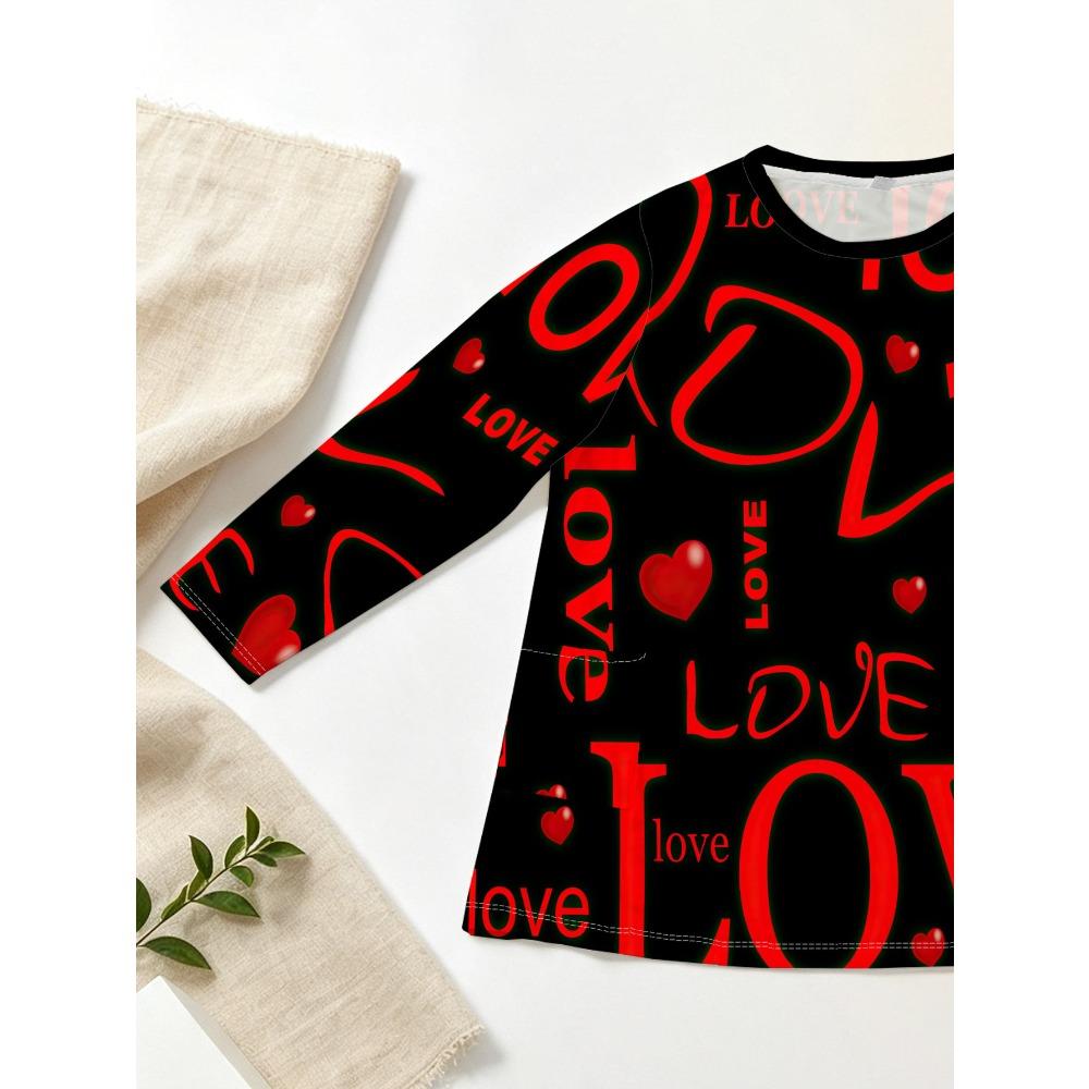 Women's Plus Size with Pocket Design Red LOVE Printed Long Sleeve T-Shirt
