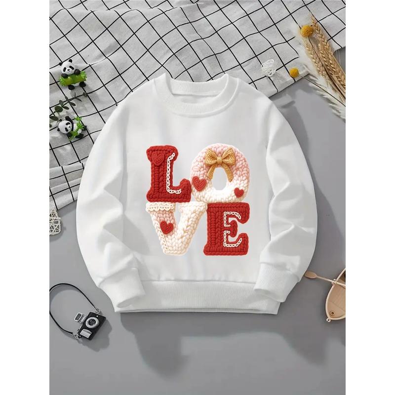 Kids Crewneck Sweatshirt, Knitted Love Letter Heart Print, Soft Comfort Long Sleeve Pullover 110 белый