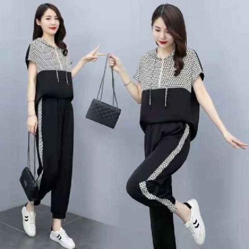 

Summer Women s Sportswear Short-sleeved Casual Jogging Short Loose T-shirt Nine-point Pants Two-piece Sportswear XXXXL чорний