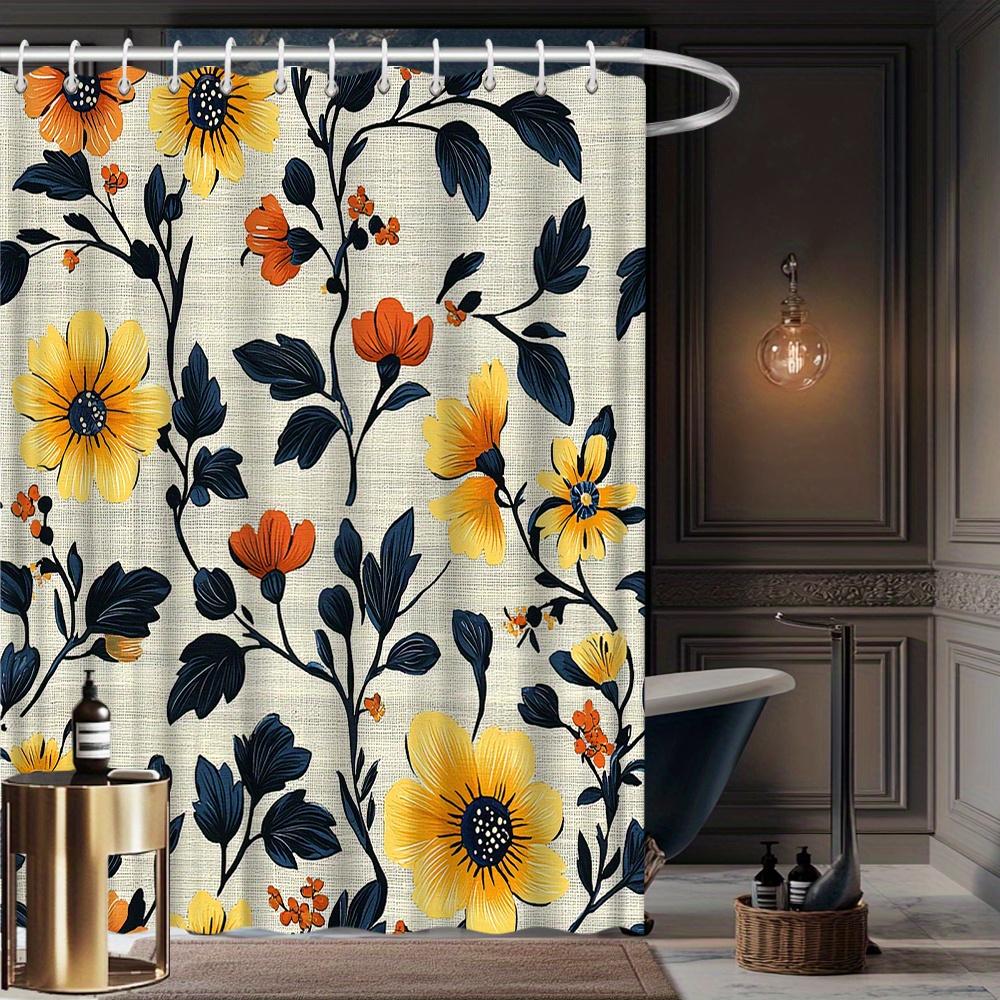 Floral Shower Curtain, Vibrant Yellow & Orange Flowers With Dark Blue Leaves On Beige, Fade-Resistant Polyester,Machine Washable