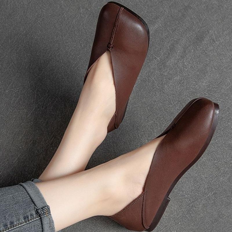 New Women'S Flat French Shoes Square Toe Genuine Leather Soft Sole Comfortable Pumps Fashion Loafers Casual Spring Autumn
