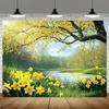 2D Printed Spring Forest & River Backdrop, Yellow Flower Scenery Photo Background for Photoshoot