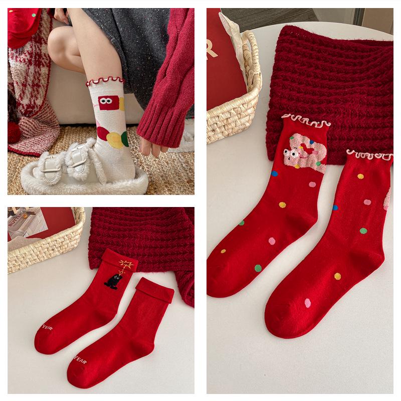 Women's Christmas Red Cartoon Mid-Calf Socks for Autumn and Winter