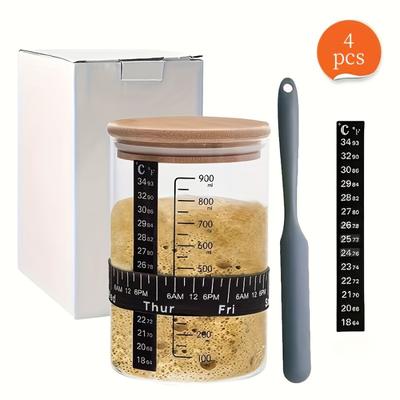 1Set Set Borcan Sticlă Borcan Starter Maia cu Bandă de Hrănire Marcată cu Dată Termometru Răzuitor Borcan Recipient Capac Metalic Kit Starter