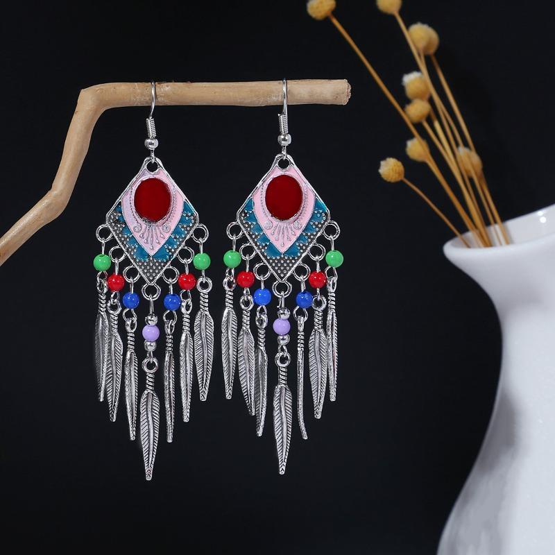 Rhombus colored beaded feather long fringed earrings, high-end retro contrasting color temperament earrings women