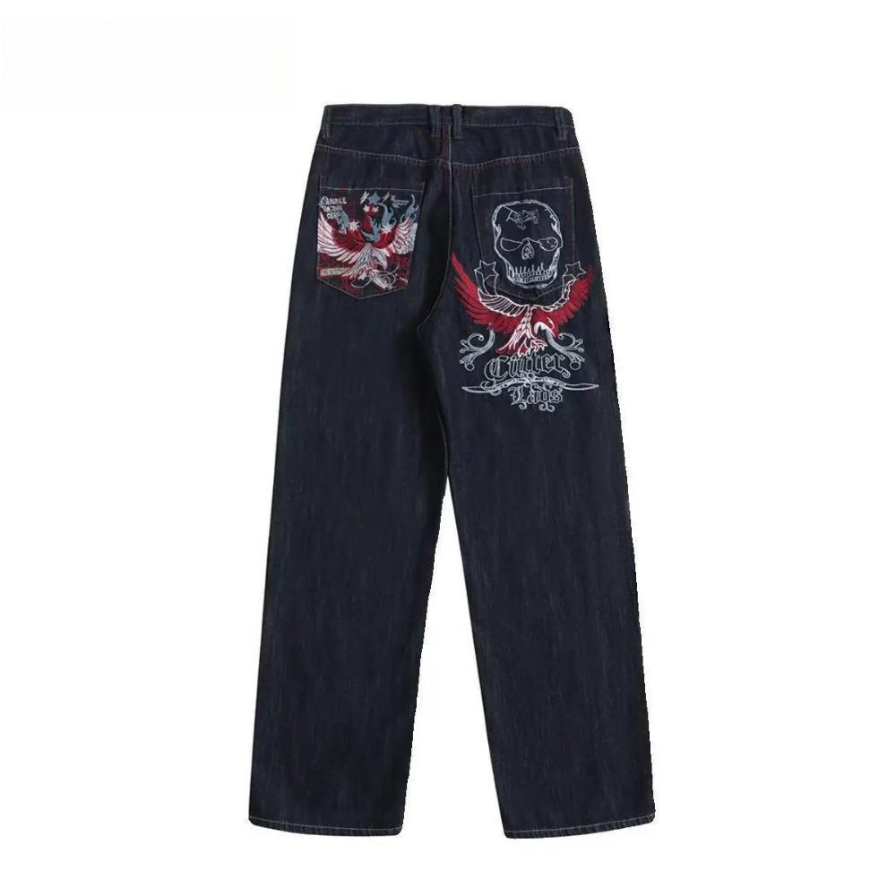 ZYLLO American Street Retro 90s Hip Hop Bboy Loose Casual Men and Women Embroidered High Street Rap Skateboard Denim Straight Trousers
