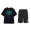 Round Neck Loose Comfortable Versatile Short Sleeve Elastic Five Point Pants Casual Sports Suit Unisex Suit Black AHSU803-2+YKSU157-2