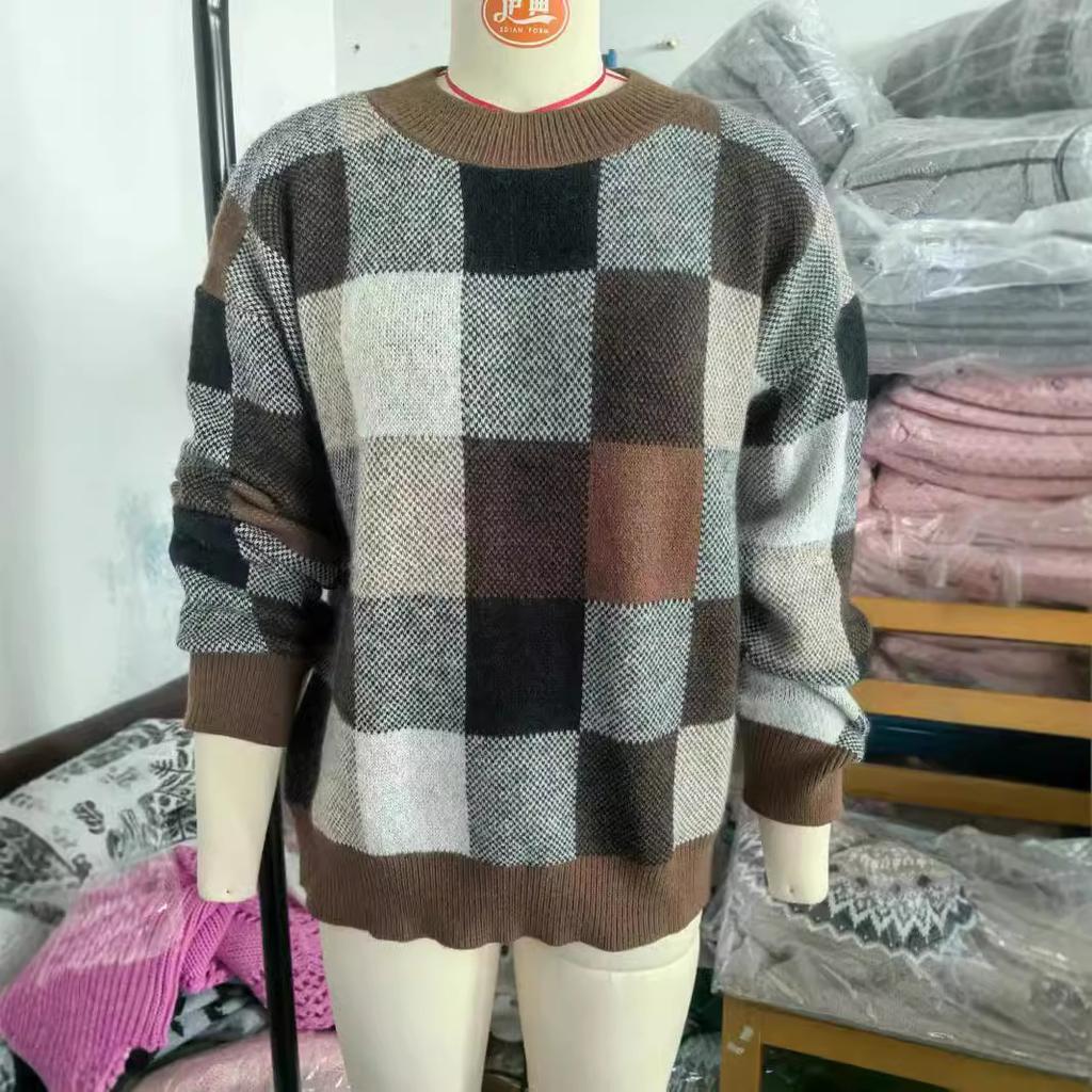 Women's Round Neck Plaid Loose Fashion Pullover Knit Luxurious Relaxed-fit Slimming and Versatile Top