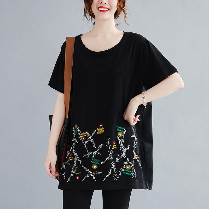 Große Größen Damen Mittellang bis lang Sommer Kurzarm T-Shirt Lockeres Oberteil