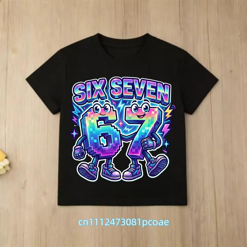 summer short sleeve, cartoon print 2026 personalized digital 67 T-shirt for boys and girls, family style, casual top