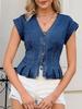 Women's V-neck Button-up Slim Fit Pleated Denim Vest Top
