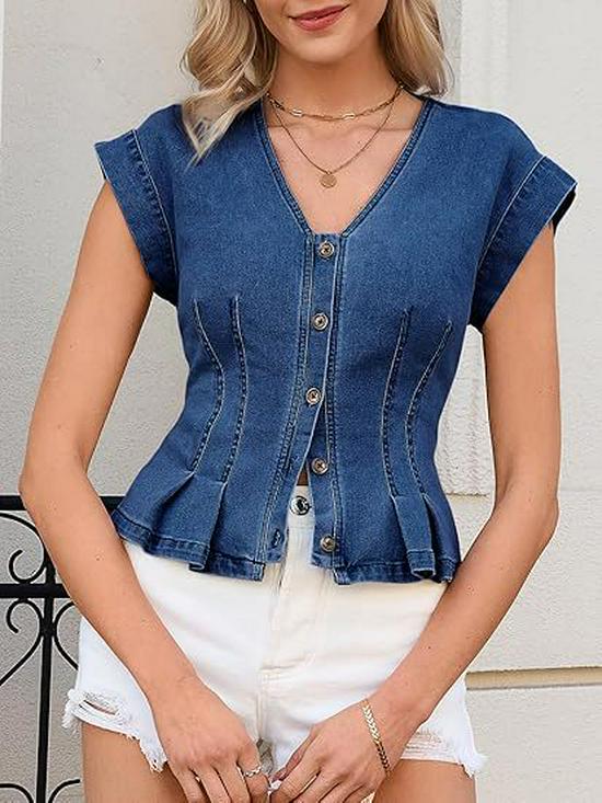 Women's V-neck Button-up Slim Fit Pleated Denim Vest Top