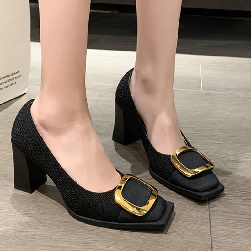 

Туфли женские Slip On Retro на каблуках, босоножки на каблуках золотистого цвета, женские универсальные фирменные туфли-лодочки с квадратным носком 2024 года, баскетбольная платформа, слипоны, шнуровка 34 чёрный