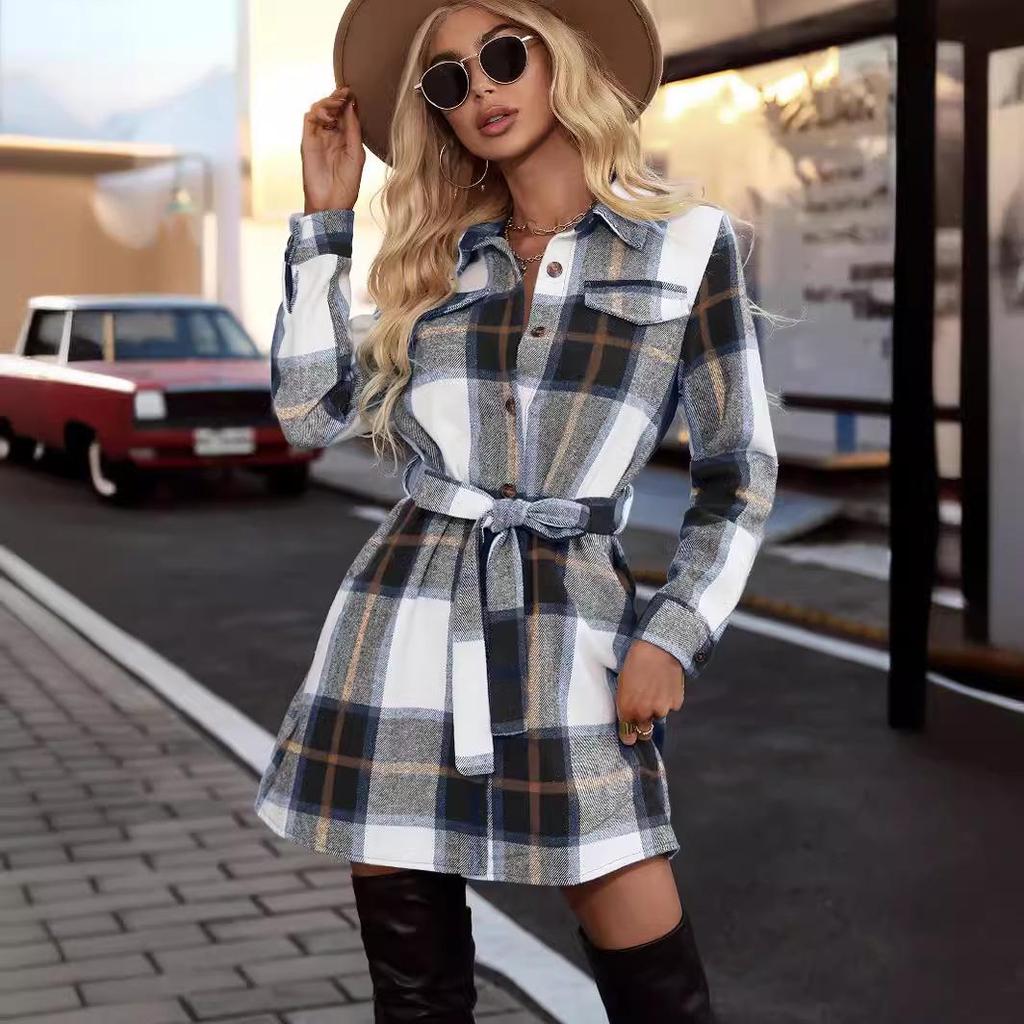 Elegante Vestito a Quadri Strisciati a Maniche Lunghe da Donna - Moda Primavera/Autunno