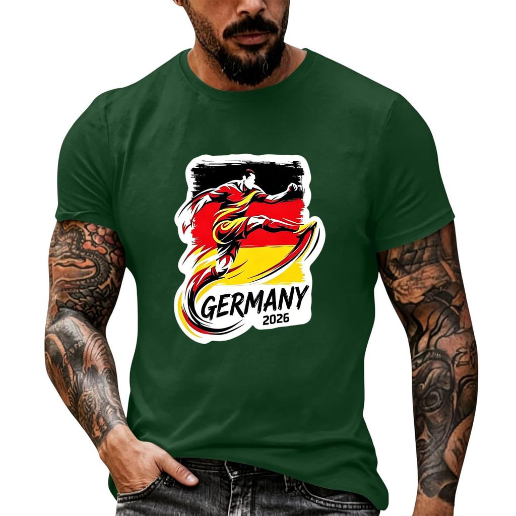 Short Sleeve Casual T Shirt with Graphic Print Soccer Player Illustration and Text Germany 2026 Soft Comfortable Fit for Everyday Wear