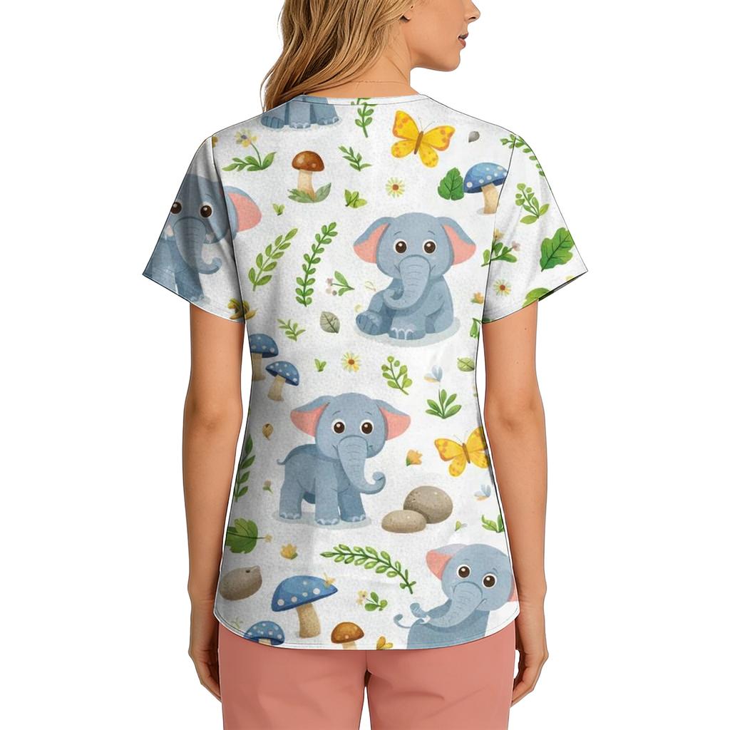 Women's Casual Short-Sleeve Cute Animal Print V-Neck Pocket Workwear Top