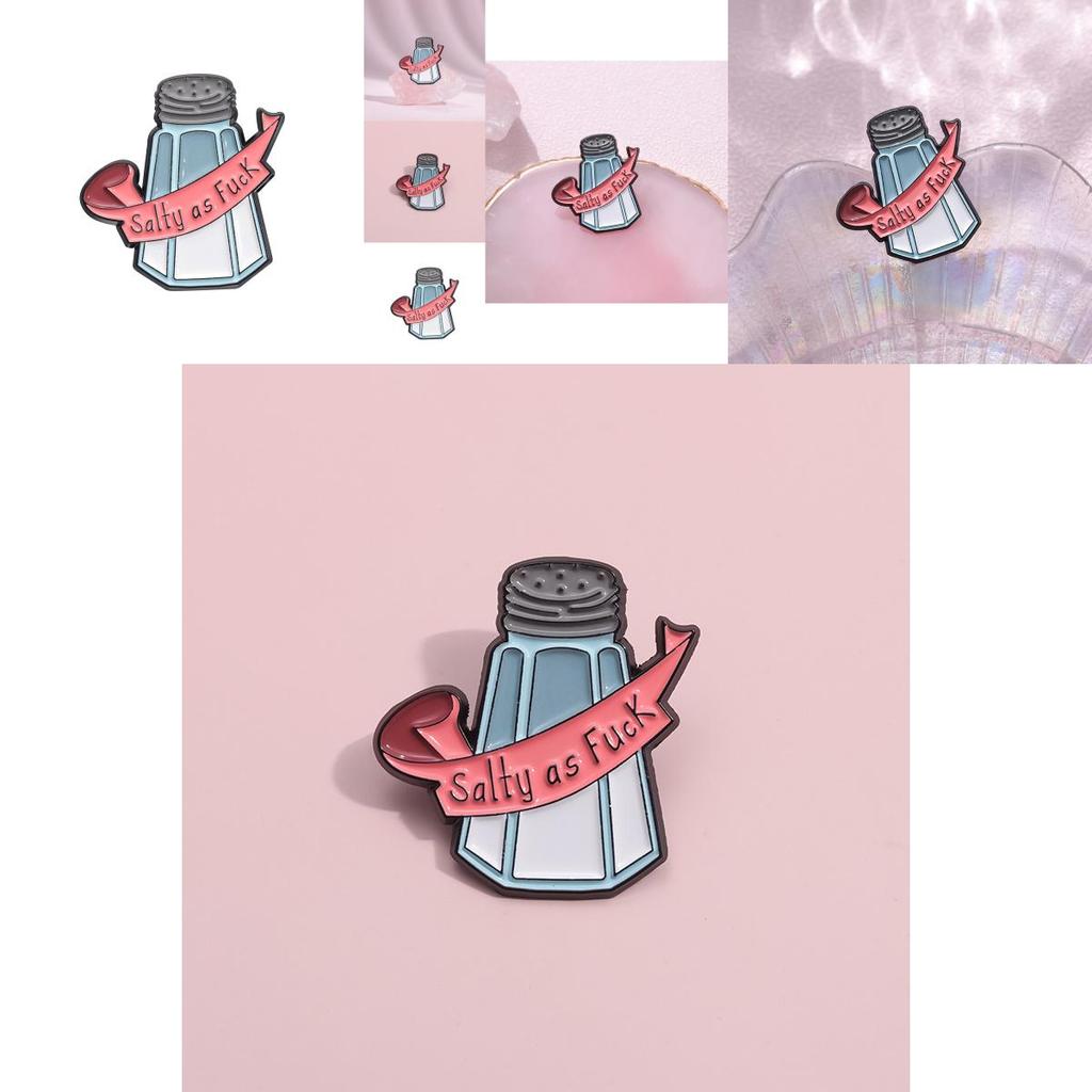 Unique Creative Cartoon Salt Shaker Brooch Fun Badge With Quirky Letter Design