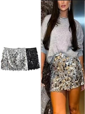 Moda Feminina com Lantejoulas Liso Zíper Lateral Mini Saia Vintage Cintura Alta Saia Chique Feminina para Senhoras