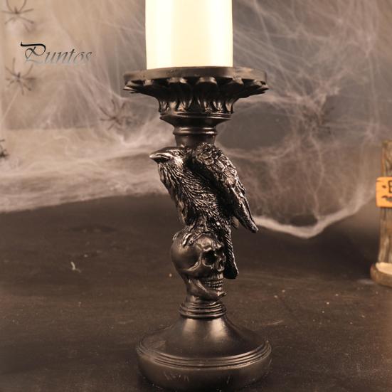Vintage Gothic Table Centerpiece Halloween Candlestick Holder Decoration, Raven Skull Candle Holder, Spooky Decor for Home Taper Stand Tabletop