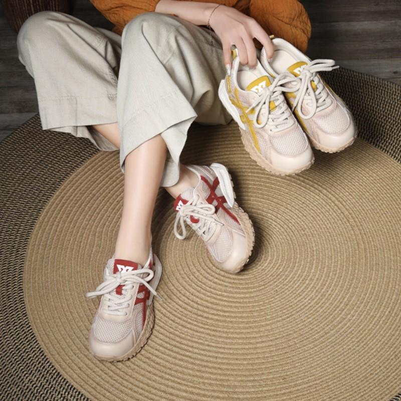 Johnature Zapatos casuales deportivos para mujer Malla transpirable con empalme de cuero genuino con cordones Zapatillas cómodas