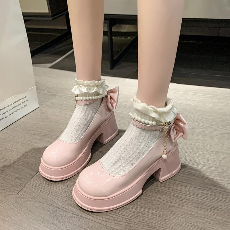 Fashion Spring Autumn New Luxury Women's High Heeled Leather Shoes Fashion Versatile Butterfly Knot Pearl Casual Mary Jane High Heels