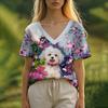Summer Women's T-Shirt Oil Painting Puppy Print Casual Short-Sleeved 3d T-Shirt Fashion Street Wear V-Neck Pullover Oversized Wo