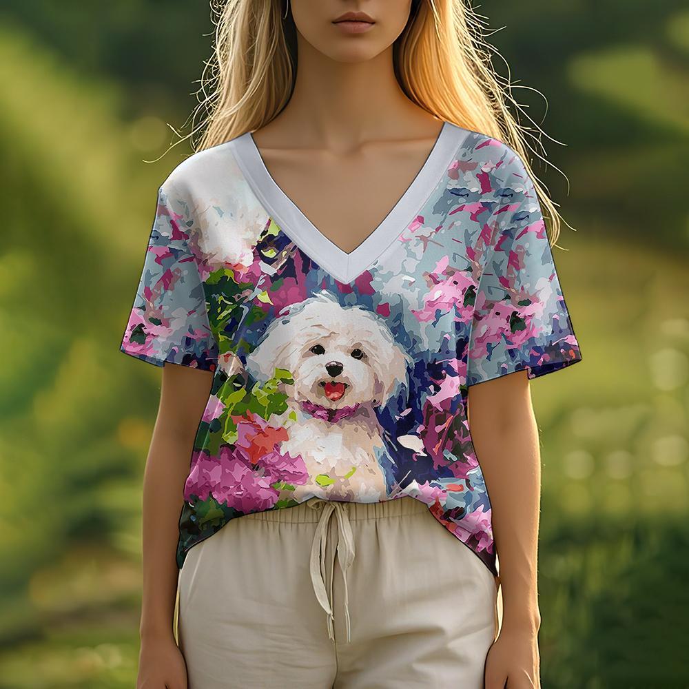 Summer Women's T-Shirt Oil Painting Puppy Print Casual Short-Sleeved 3d T-Shirt Fashion Street Wear V-Neck Pullover Oversized Wo