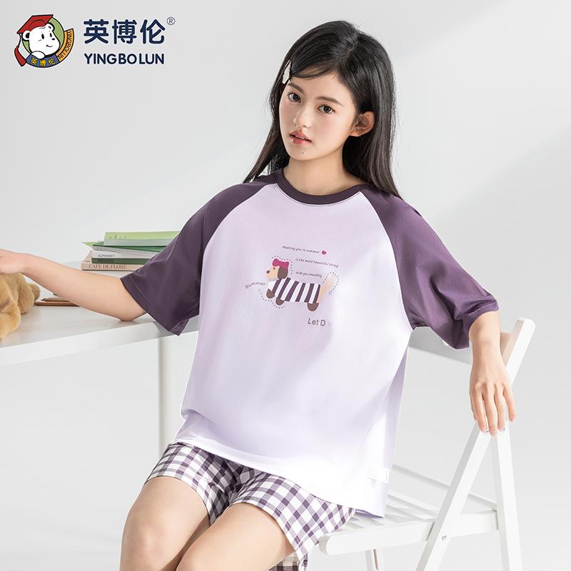Yingbolun Girls' Pure Cotton Short Sleeved Shorts Set Summer Thin Home Clothes