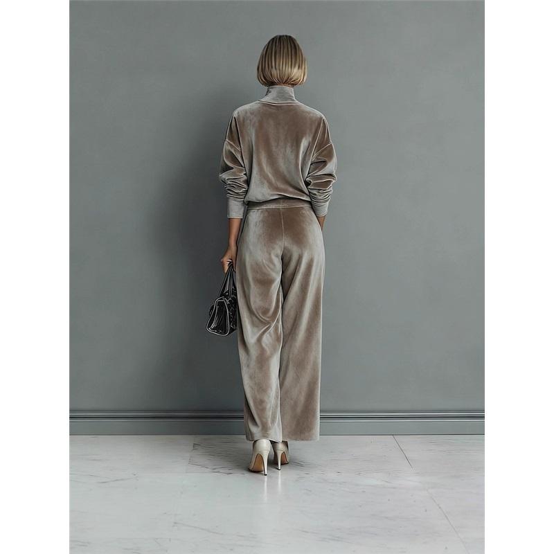 Velvet Matching 2 Piece Set Women Turtleneck Long Sleeve Top And Wide Leg Trousers