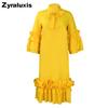 Sommer Herbst Neue Mode Lässiger Stil Rüschen Glockenärmel Übergröße Kleid