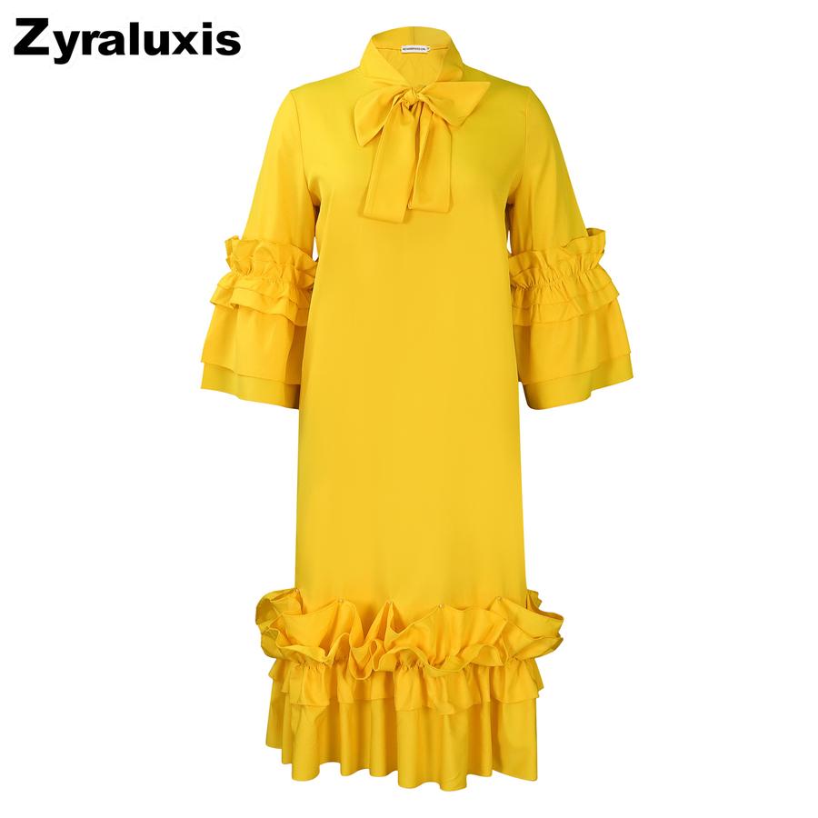 Sommer Herbst Neue Mode Lässiger Stil Rüschen Glockenärmel Übergröße Kleid