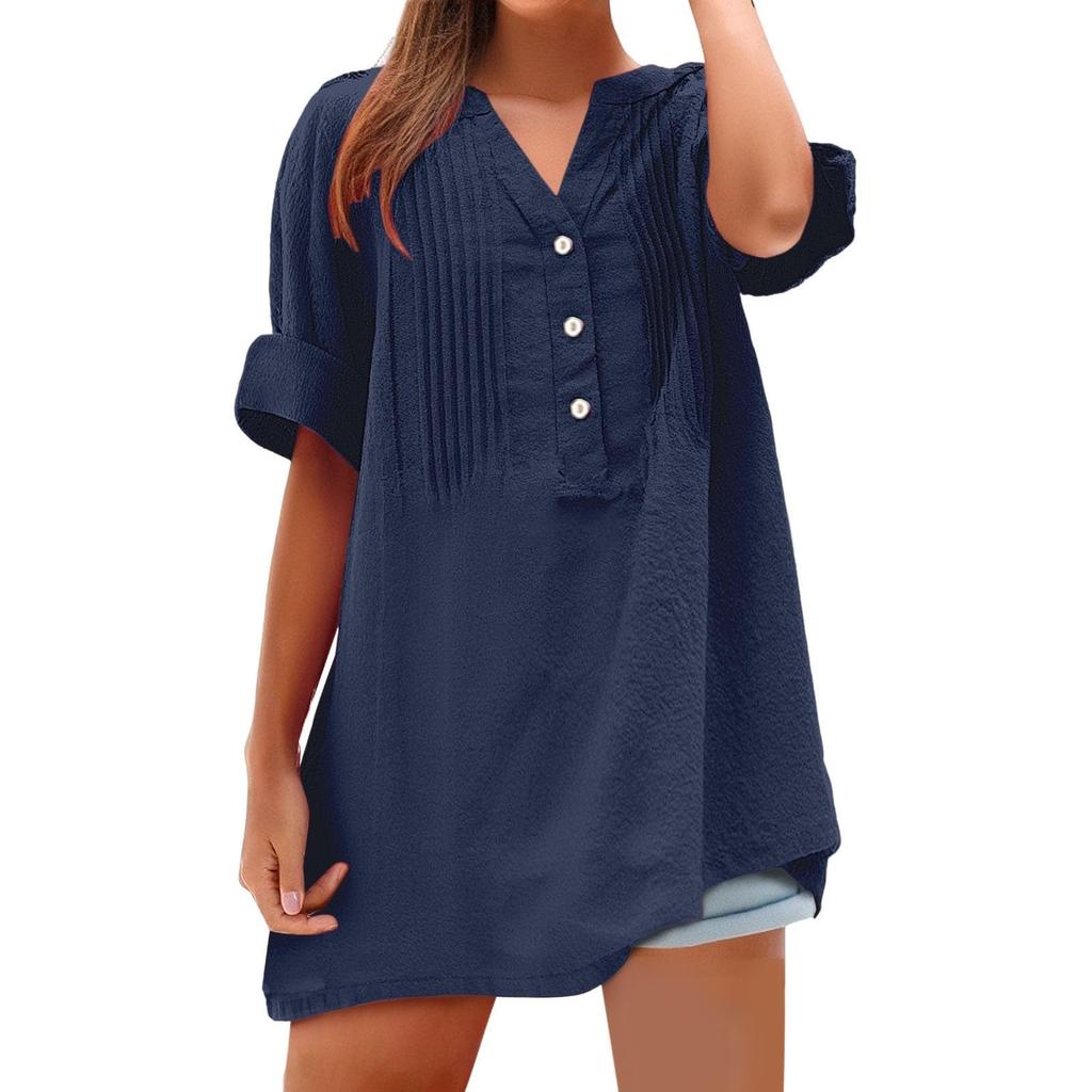 Damen Oberteil Kurzarm V-Ausschnitt Knopf Basic T-Shirt Tops