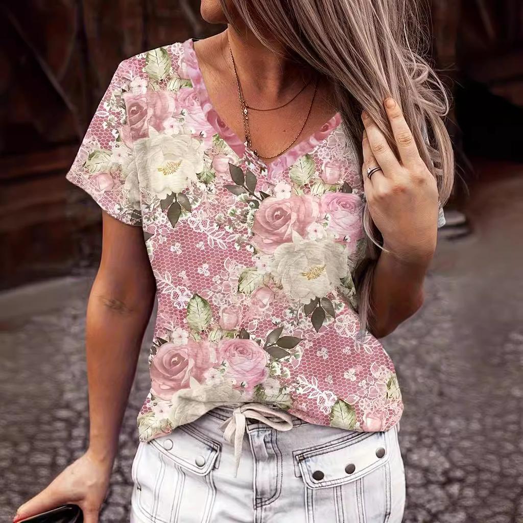 Summer V-neck 3D Flower Pattern Printed Top Fashionable Casual Short Sleeved Women's T-shirts
