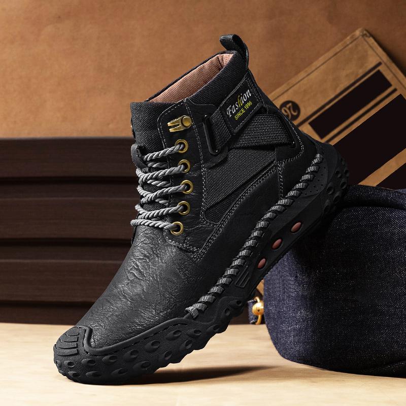 Hand-stitching Leather Men Boots Split Leather Casual Leather Shoes Men Ankle Boots