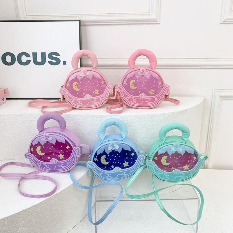 Color Solid Simple Star Moon Print Children Round Shape Crossbody Bag Girl For