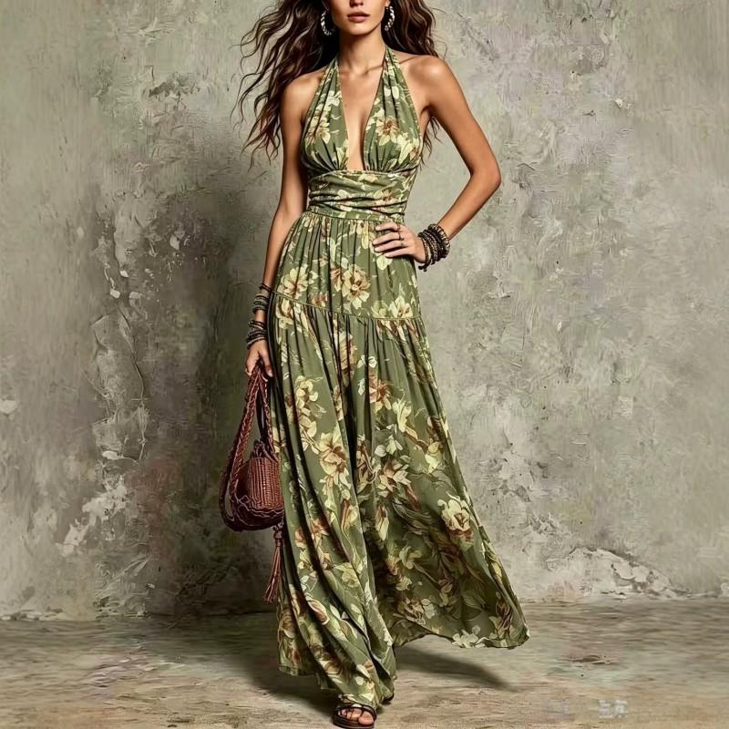 2026 Fashion Halter V-Neck Floral Print Backless Long Dress Women