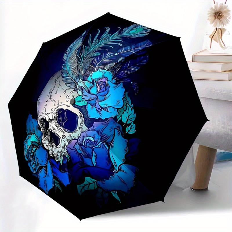 1pc Skull Roses Automatic Folding Umbrella Portable Collapsible Design, 8-Rib Iron Frame, Durable Fabric, All-Season Casual Outdoor 167