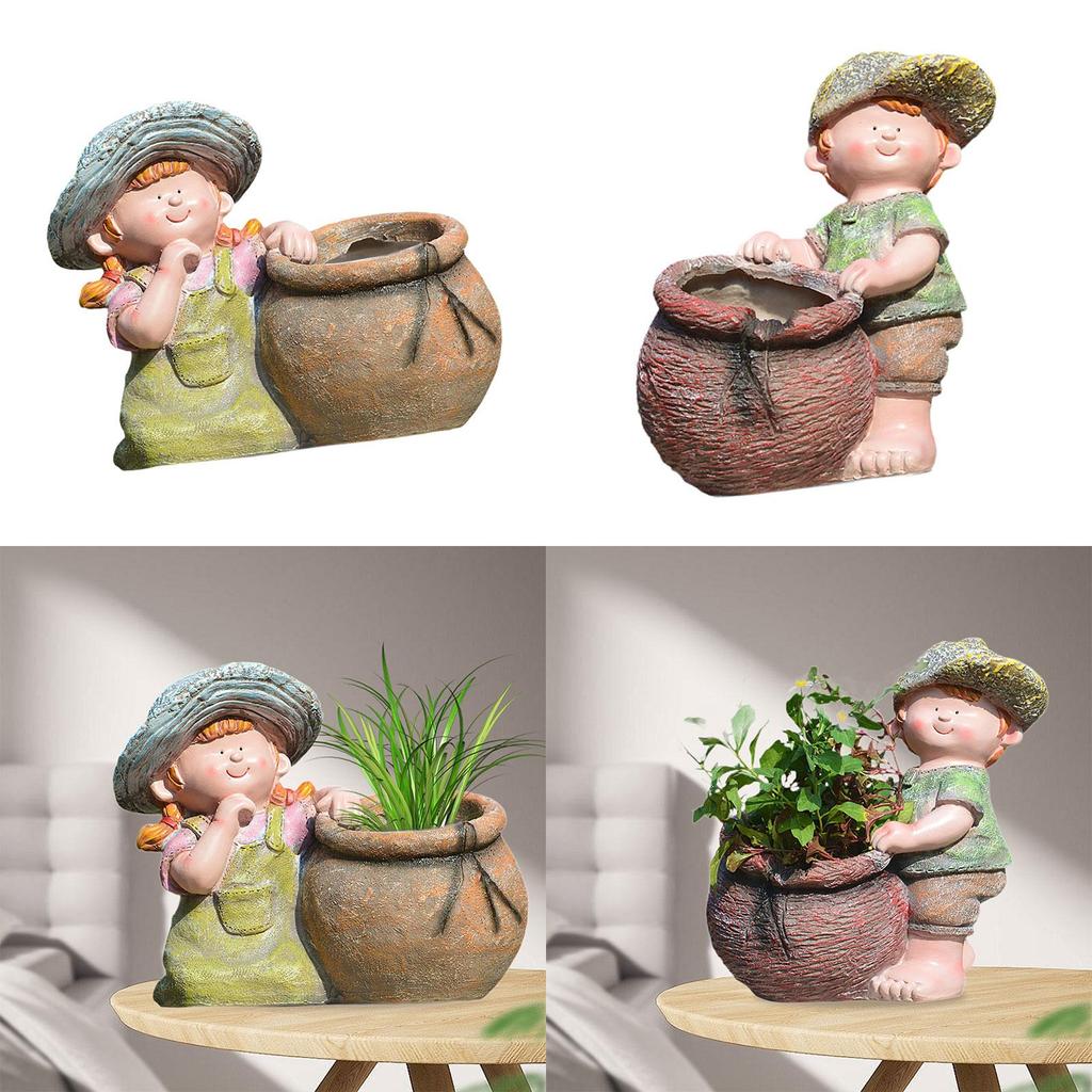 Flower Pot Statue Cute Creative Resin Plant Pot Decorative Figurine Desktop Ornament for Table Office Bookshelf Windowsill Patio
