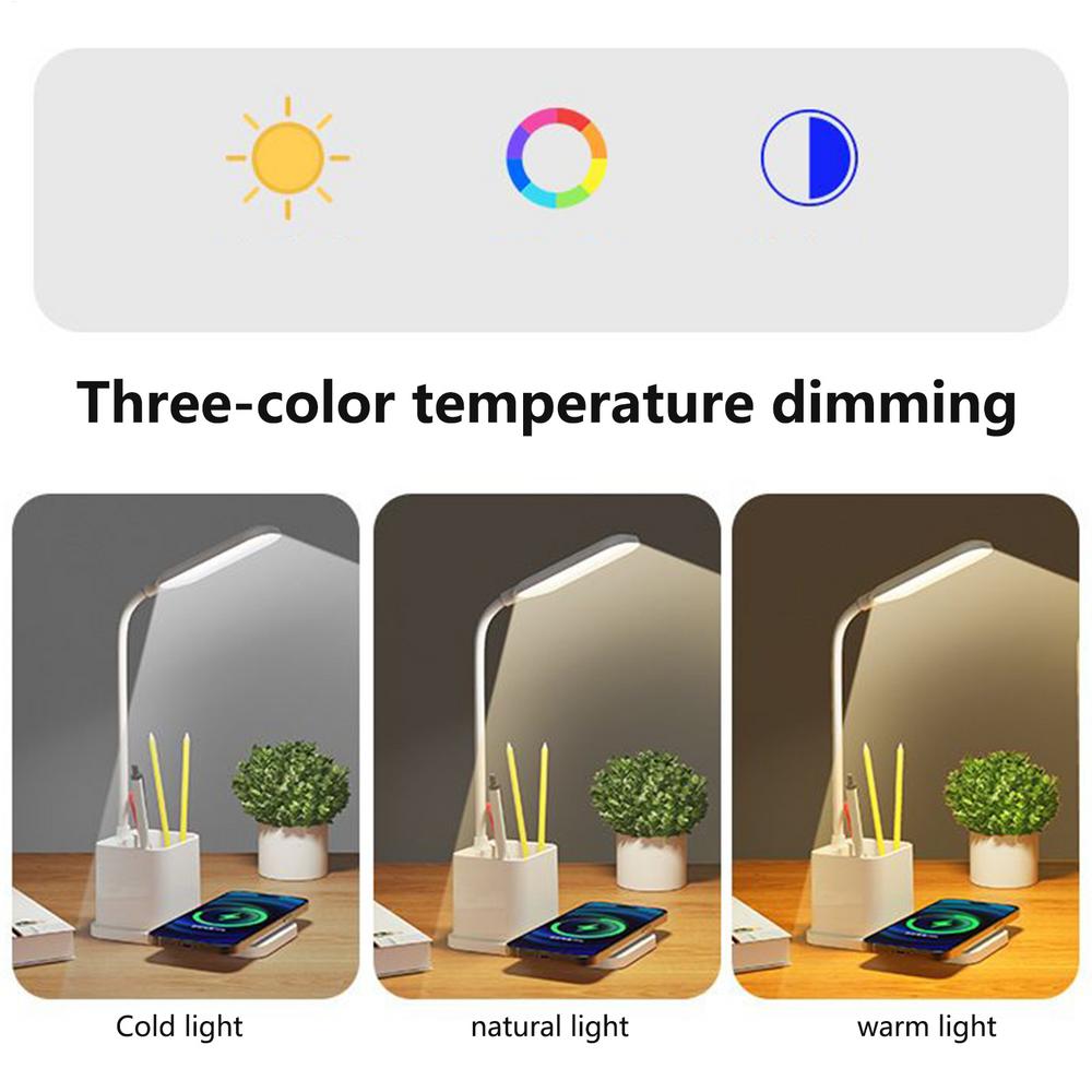 Bright Desk Lamp Wireless Charging LED Table Lamp Eye-Caring Lighting Adjustable Brightness Pen Holder Desktop Accessories Table