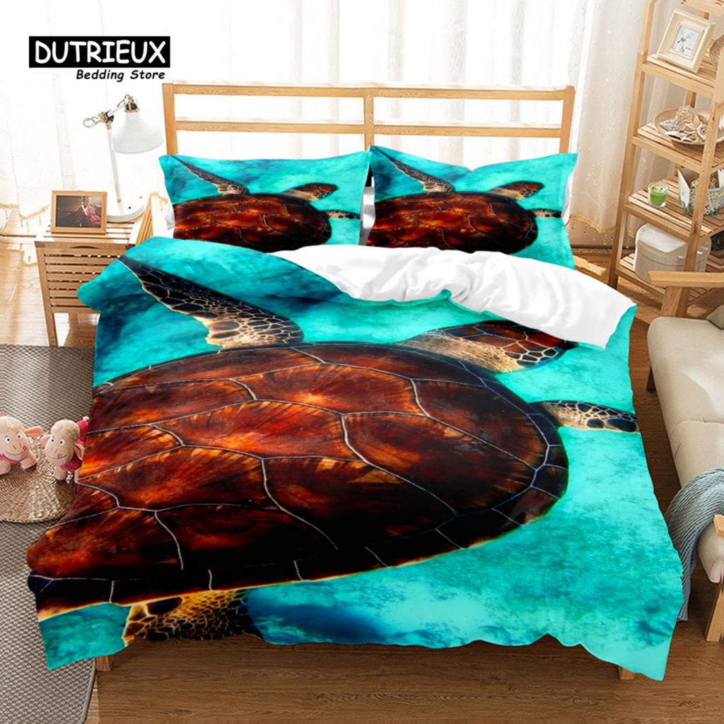 Marine Lives 3D Colorful Turtle Duvet Cover Set, Fashion Bedding Set, Soft Comfortable Breathable Duvet Cover