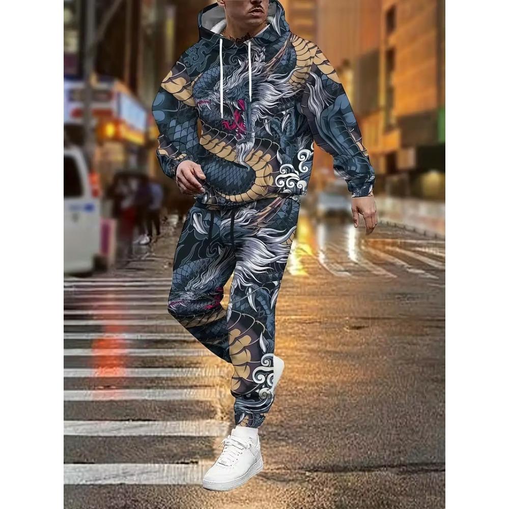 Cool Dragon 3D Print Men's Hoodie Pants 2-Piece Outfits Autumn/Winter Men's Hooded Sweatshirt Sets Jogging Pants 2Pcs Sets