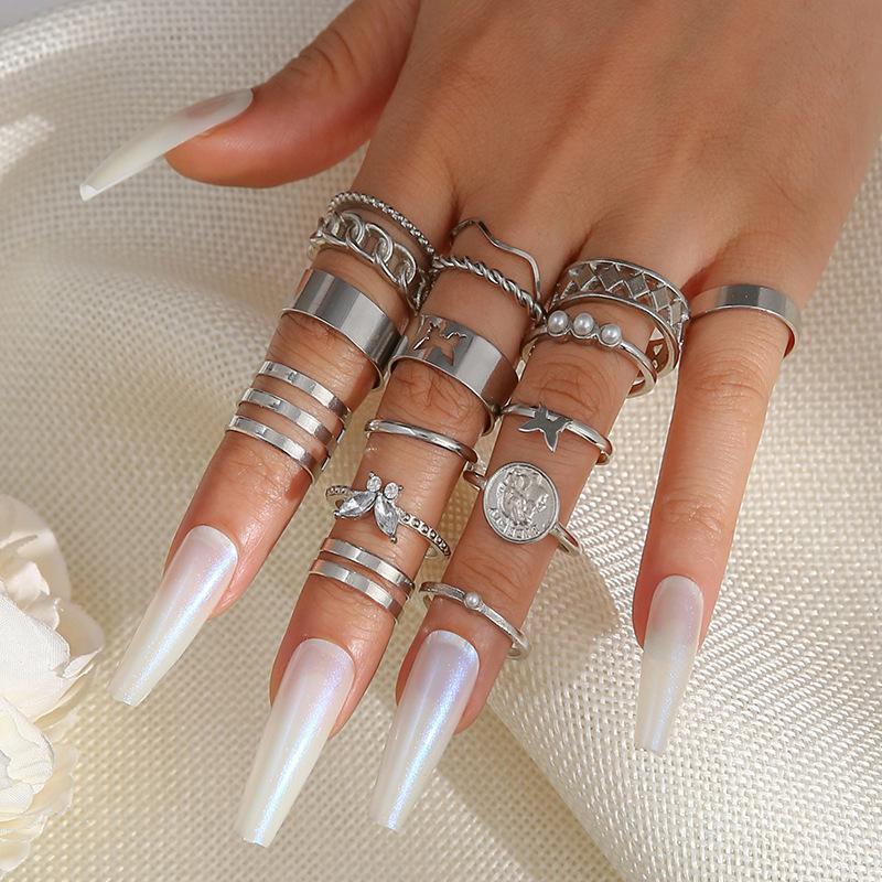 Ring Wind Butterfly Pearl Diamond Set Personalized Hollow Pattern 15-Piece Set Index Finger Tail Ring