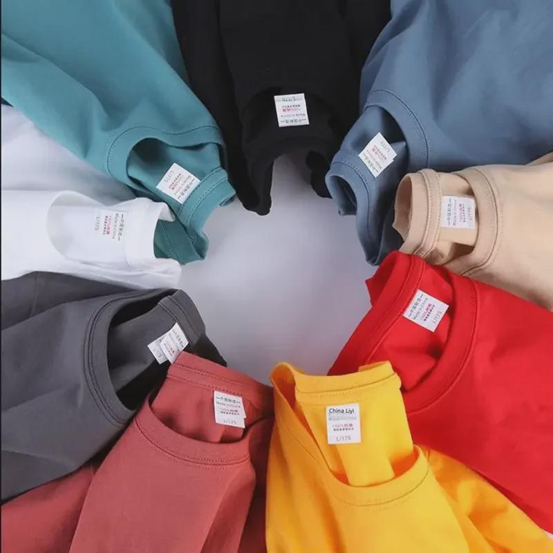T-shirt à manches courtes en coton épais pour femme, couleur unie