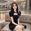 French Hepburn Style Black Square Neck Bubble Sleeve Dress Women's Summer Niche Design Feeling Waist and Thin Hip Skirt