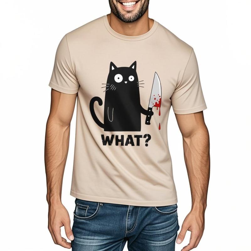Men Brand T-shirt Oversized Summer For Man T-shirt Black Cat Holding Knife With Blood Short Sleeve Travel Crew Neck Tee Shirt